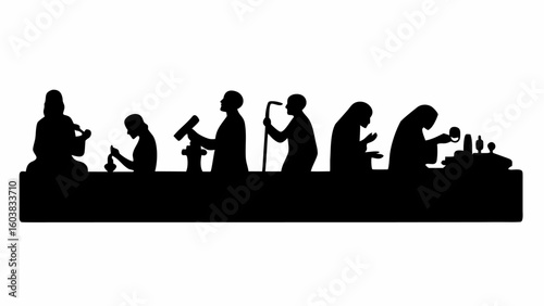 Silhouetted figures engaged in various activities on a horizontal plane showcasing diverse human endeavors