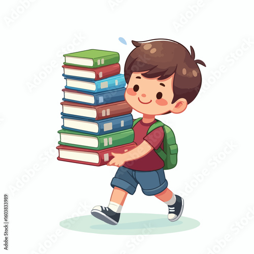 vector image of a boy carrying a stack of books