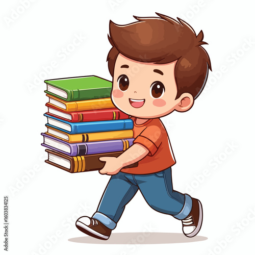 vector image of a boy carrying a stack of books
