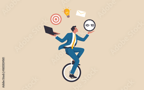 businessperson juggling tasks on unicycle, concept illustration of multitasking, balance, time management and productivity in modern workplace