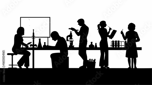 Silhouette illustration of scientists working in a laboratory with equipment and glassware on tables
