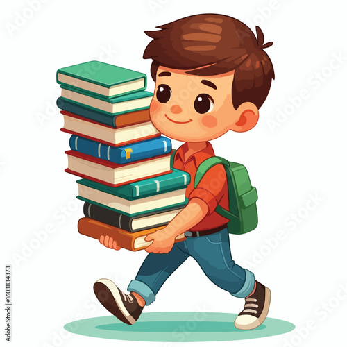 vector image of a boy carrying a stack of books