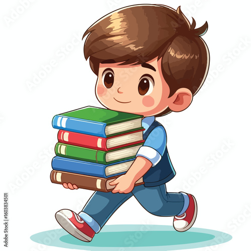 vector image of a boy carrying a stack of books