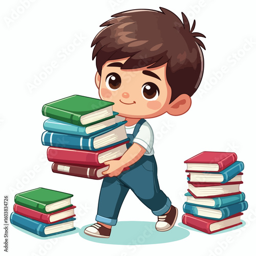 vector image of a boy carrying a stack of books