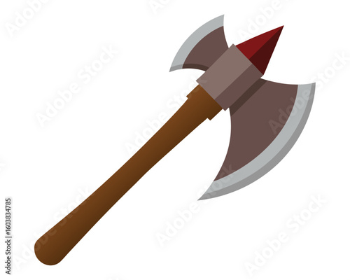 A double bladed axe is ready for combat