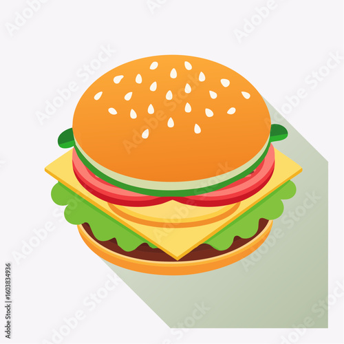Single flat vector icon of a classic cheeseburger with sesame bun, lettuce, tomato, cheese, and beef patty, in modern flat design