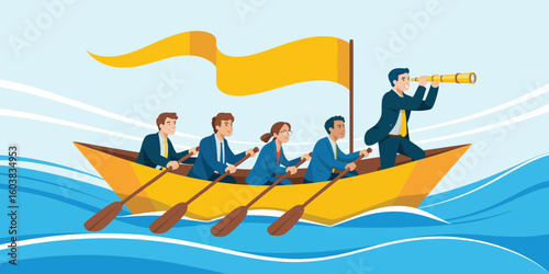 business team rowing boat with leader using telescope, concept illustration of teamwork, strategy and leadership navigating toward shared goals