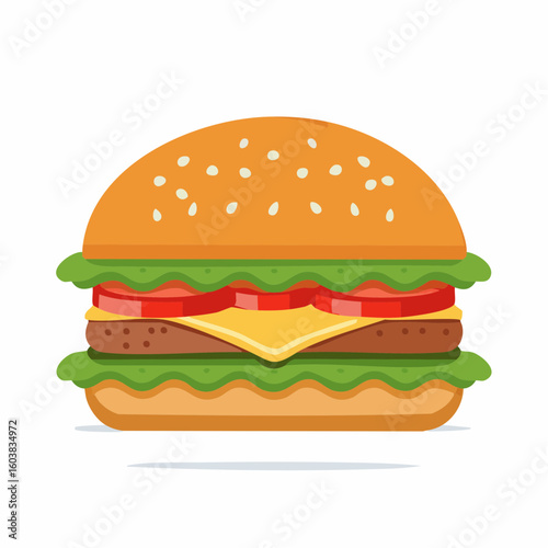Single flat vector icon of a classic cheeseburger with sesame bun, lettuce, tomato, cheese, and beef patty, in modern flat design