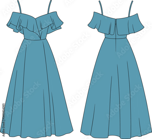 Women’s off-shoulder ruffle maxi dress with flared hem, spaghetti straps, front and back CAD fashion sketch, vector illustration