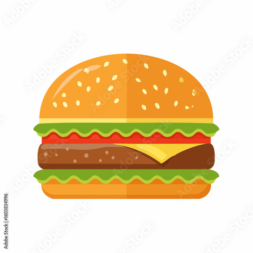 Single flat vector icon of a classic cheeseburger with sesame bun, lettuce, tomato, cheese, and beef patty, in modern flat design