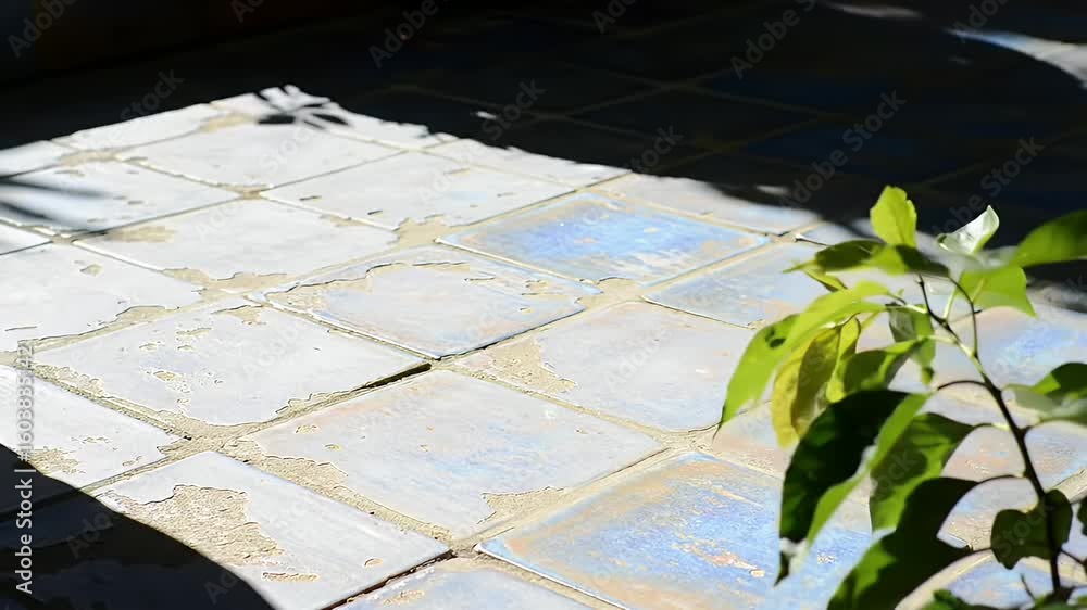 A static close up shot of rustic peeling floor tiles bathed in bright sunlight with the gentle motion of green leaves in the foreground
