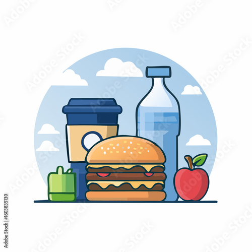 Clean and modern food and drink icon set in flat vector style, featuring burger, pizza, coffee cup, apple, and water bottle, with minimal shading
