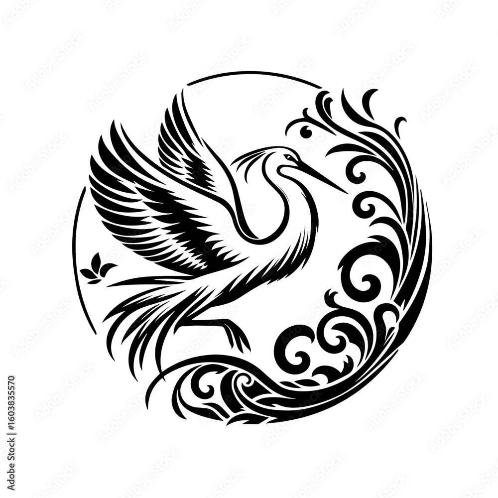 Obraz premium Crane in flight with floral elements in black and white