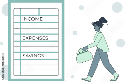 Woman managing personal finances by tracking income expenses and savings on a ledger with a money bag illustration symbolizing financial planning and budgeting