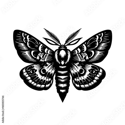 Detailed black and white illustration of a moth with patterned wings