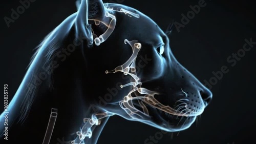 Translucent blue canine with visible skeletal structure, against a dark background