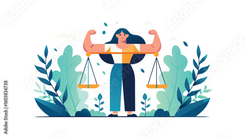 Flat vector illustration of strong woman holding justice scales, empowered female balance and equality concept for International Women’s Day, floral background