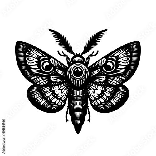 Detailed black and white vector illustration of a moth