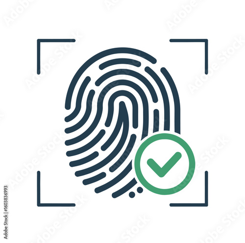 Dark blue fingerprint scan with green checkmark biometric