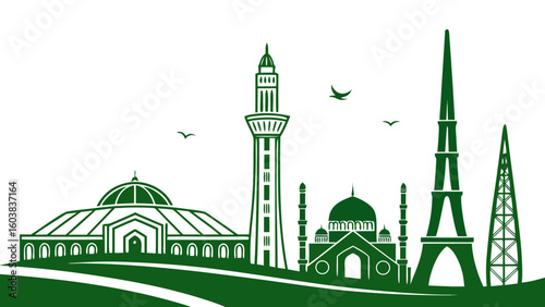 A horizontal silhouette skyline of famous Pakistani landmarks—Minar-e-Pakistan, Faisal Mosque, and Quaid’s Mausoleum—designed in green tones without using the flag.

