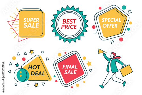 Promotional Sales Icons with Cartoon Character Announcing Deals on a White Background for Ecommerce and Marketing Campaigns