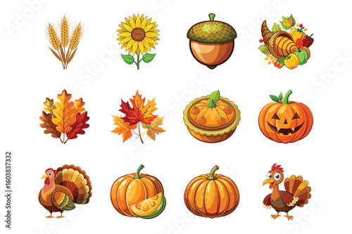Autumn harvest and Thanksgiving symbols turkey pumpkin
