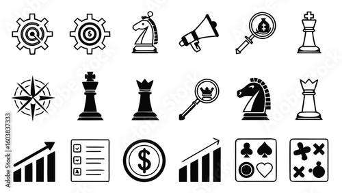 Modern thin-line vector icon set representing strategy concepts like planning, direction, goals, decision-making, and analysis. Clean, editable, and grid-aligned design.

