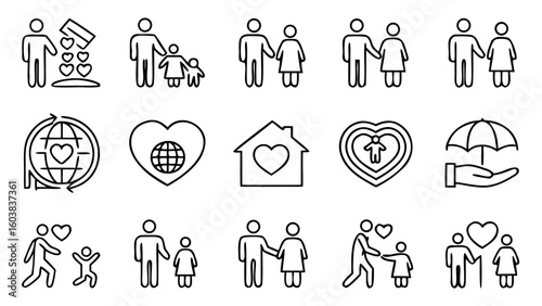 Modern thin-line vector icon set illustrating family love core values like trust, care, bonding, and unity. Clean, aligned, editable, and perfect for commercial use.

