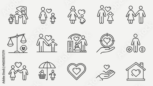 Modern thin-line vector icon set illustrating family love core values like trust, care, bonding, and unity. Clean, aligned, editable, and perfect for commercial use.

