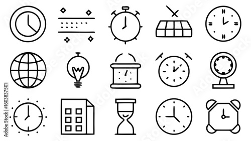 Clean thin-line vector icon set of 30 timing symbols including clock, stopwatch, alarm, calendar, timer, and hourglass. Perfectly aligned and isolated on transparent background.

