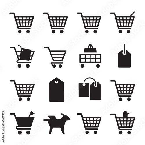 E-commerce Shopping Icons Collection Silhouette,Black Shopping and Sale Icon Set Isolated,Retail Cart Tag Silhouettes on White Background,Shopping Cart and Tag Silhouette Icons