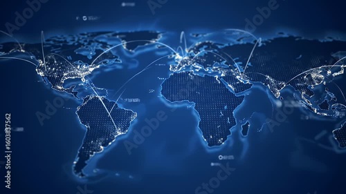Animated digital world map showing global network connections and data transfer across continents A futuristic business and technology concept animation