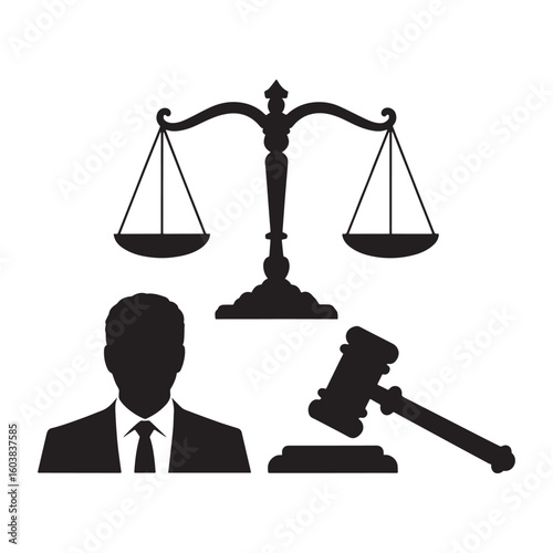 Legal Law Silhouette Icons with Gavel and Scales,Judge and Justice Scale Vector Silhouettes,Gavel Scales Judge Legal Silhouette Clipart,Resizeable And Editable