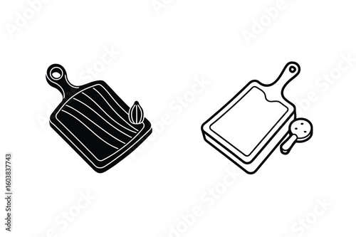 Black and white cutting boards with food items chopping board