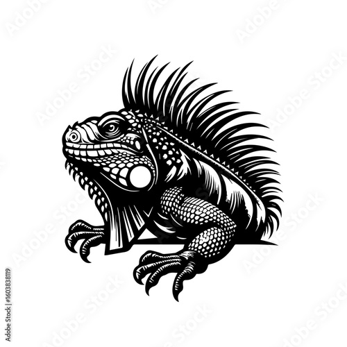 A black and white drawing of an iguana with textured and spiky scales