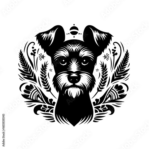 Detailed black and white vector illustration of a schnauzer dog headshot
