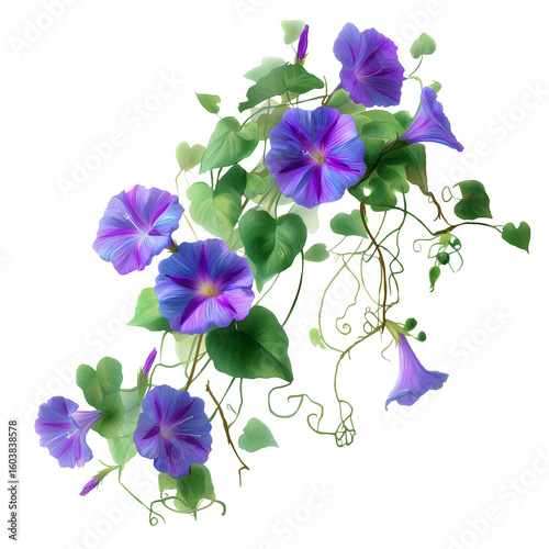Morning glory creeper with vibrant purple trumpet flowers and curling tendrils, watercolor style, white background