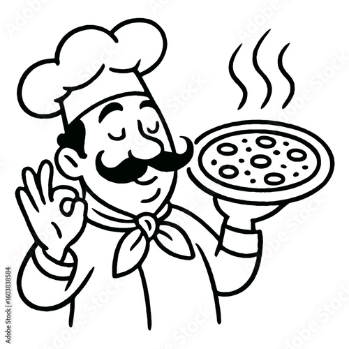 Happy Chef Holding Hot Pizza Outline Vector Illustration