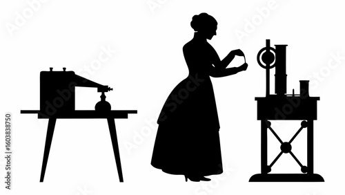 Silhouette of woman in dress examining object near equipment on tables in a historical setting scene