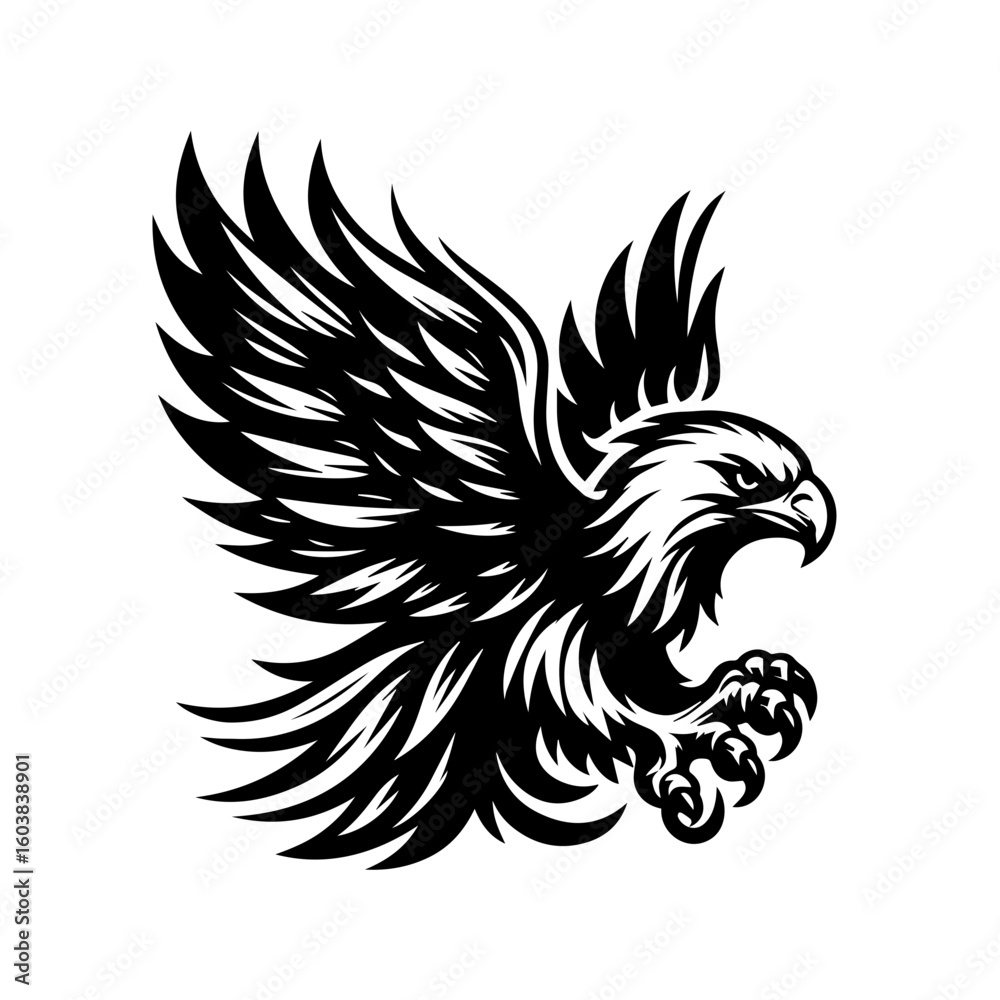 Obraz premium Dynamic black and white eagle vector illustration in midflight
