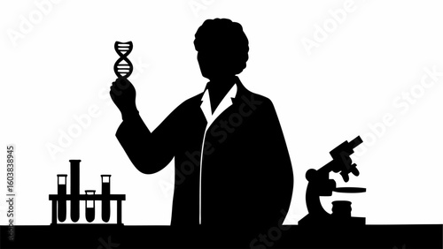 Silhouette of a scientist holding dna strand with microscope and test tubes in a science laboratory scene