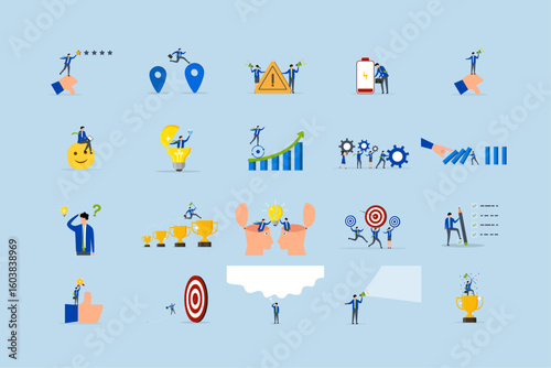 Business illustrations set. Compilation of footage featuring men and women engaged in professional tasks