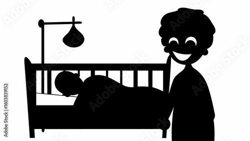 Silhouette of a person standing next to a crib with a baby sleeping under a hanging mobile object