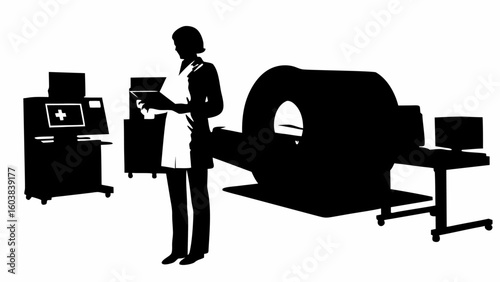 Silhouette of a medical professional standing in front of a ct scanner and medical equipment in a hospital setting