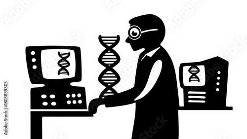 Illustration of a scientist working with dna on computers in a laboratory environment for research work