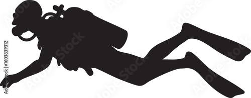 Vector Silhouette of Scuba Diver in Full Gear Swimming Horizontally with Fins and Air Tank

