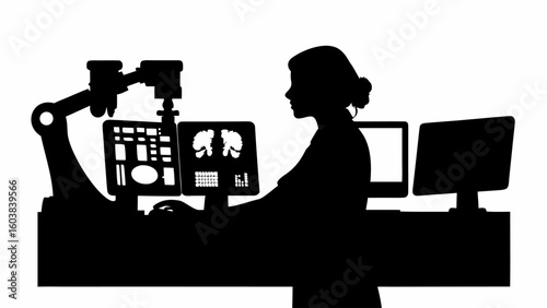 Silhouette of a woman working with medical imaging technology and robotic arm in a dark environment