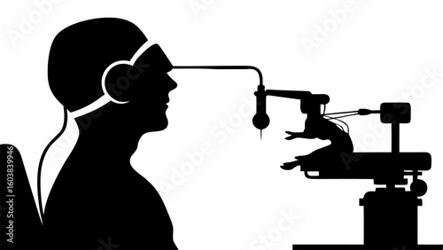 Silhouette of a person with vr headset looking at a robotic arm holding a figure on a platform device