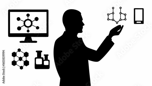 Silhouette of a man with computer screen, flasks, molecule structures and a smartphone illustration
