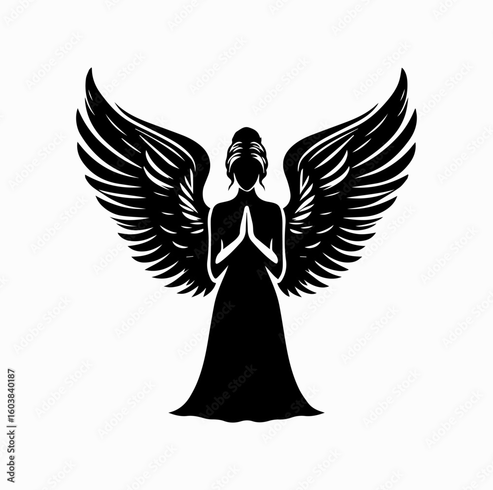 Obraz premium Praying Angel Silhouette Vector – Minimal Black on White